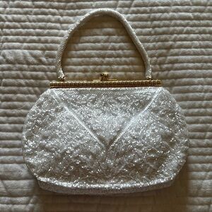 Vintage White Beaded Handbag with Gold Hardware in Perfect Condition